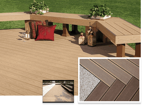 WPC decking with corner seating and intricate patterned designs