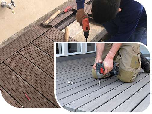 WPC decking installation with a worker drilling and securing planks