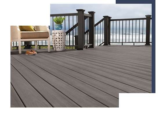 WPC decking with outdoor seating and railing overlooking the ocean