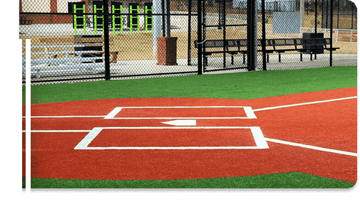 Baseball field with red sports flooring and white markings.