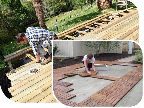 Decking installation with wooden planks and interlocking tiles