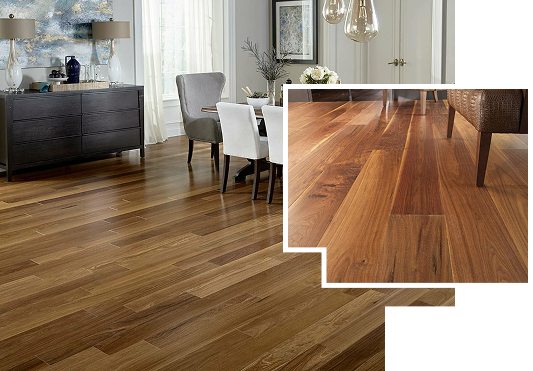 Engineered wood flooring in a modern dining room with rich natural brown grains
