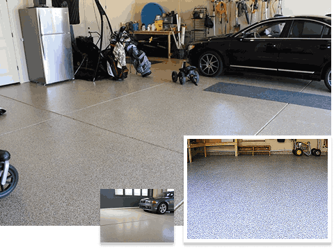 Garage with speckled epoxy flooring and parked vehicles