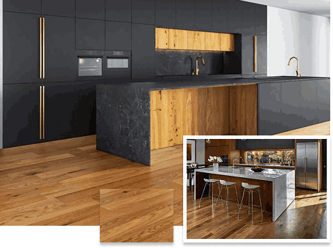Modern dark kitchen design with natural wooden flooring