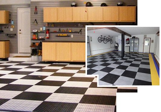 Black and grey checkered garage flooring tiles