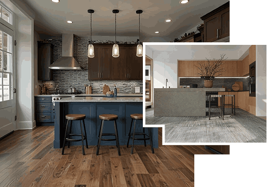 Modern kitchen with wooden flooring and stylish countertop designs
