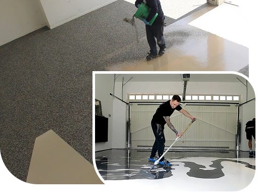 Professionals applying epoxy coating on garage floors