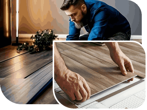 Worker installing wooden kitchen flooring panels