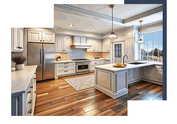 Bright modern kitchen with polished wooden flooring