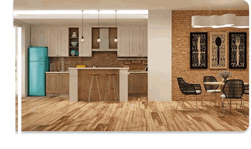 Stylish kitchen interior with wooden flooring and modern décor
