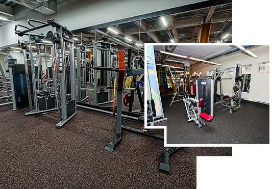 Gym with strength machines on rubber flooring