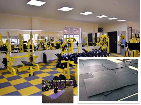 Gym with yellow equipment and rubber flooring tiles