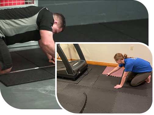 People installing interlocking rubber gym mats