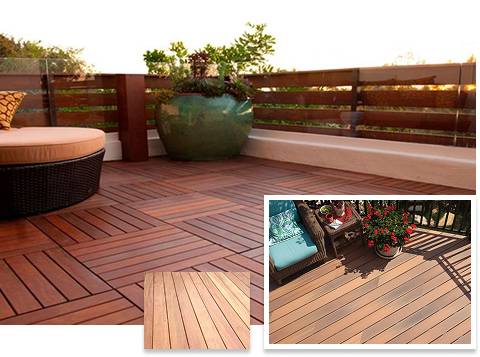 Wood deck tiles with outdoor seating and plants