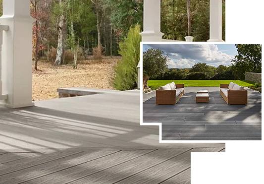 Wood-look outdoor flooring with patio sofas