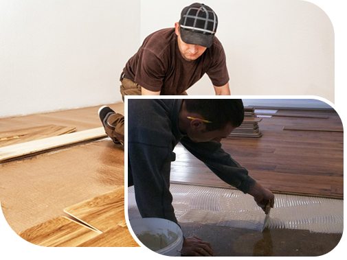 Workers installing engineered wood flooring with adhesive application