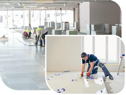 Workers installing flooring tiles in a hospital