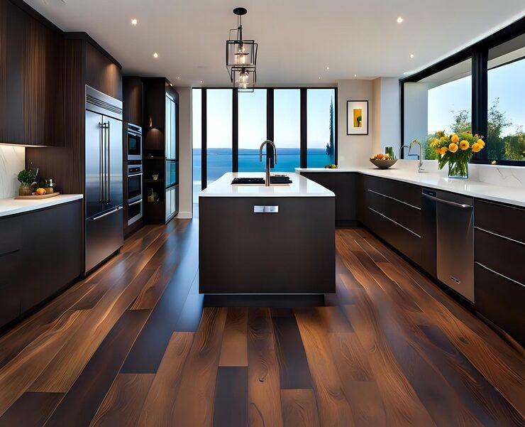 Modern kitchen with dark cabinets and rich wooden flooring