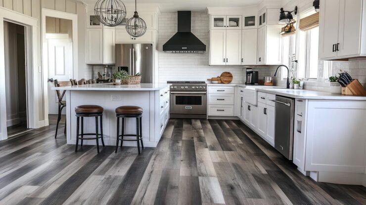 Modern white kitchen with grey wood-look flooring