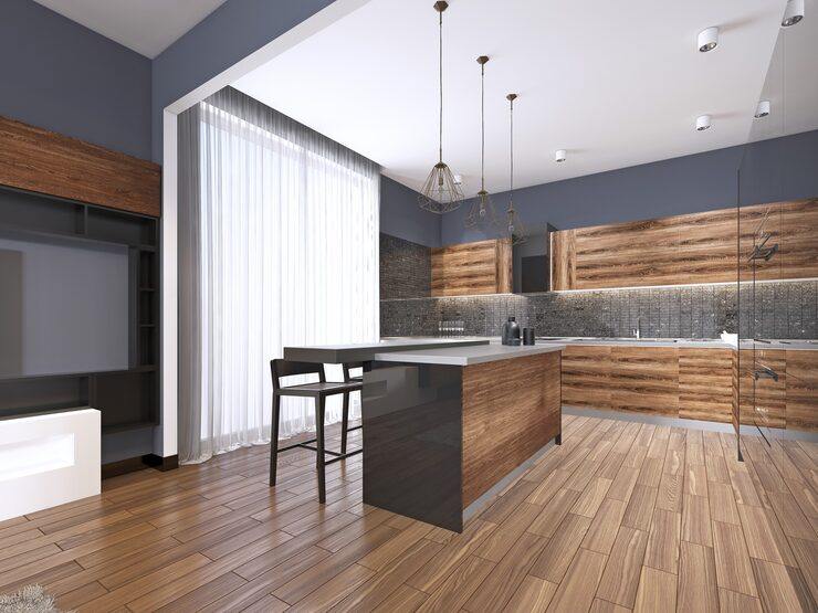 Contemporary kitchen with wooden cabinets and brown tile flooring