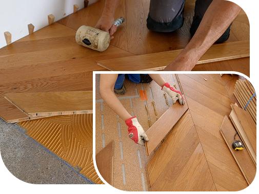 Chevron wood flooring installation with adhesive