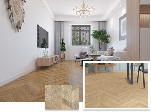 Contemporary home with light oak chevron flooring design