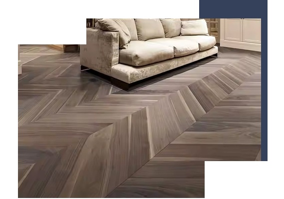 Dark chevron wooden flooring in modern living room
