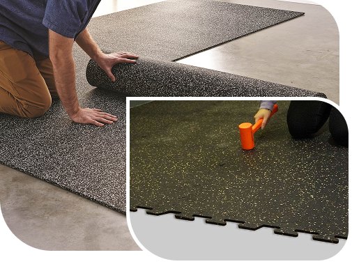 “EPDM gym flooring installation with rolled rubber and interlocking tiles