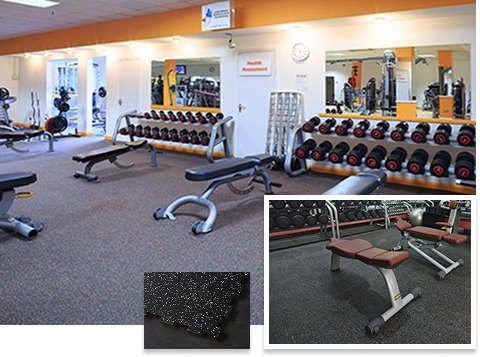 Gym with brown EPDM flooring and weight racks for training