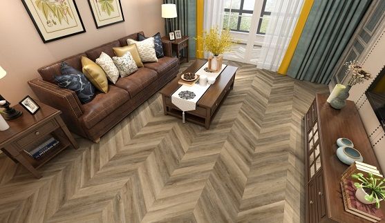 Modern living room with grey chevron wood flooring design