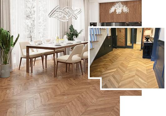 Stylish chevron wood flooring in dining and hallway areas