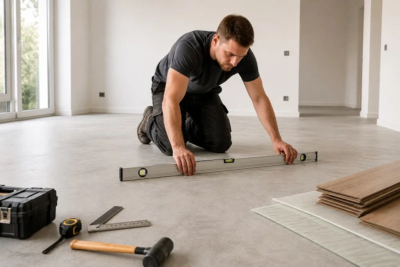 Checking subfloor level before laying laminate flooring