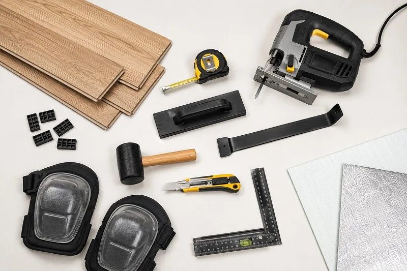 Essential laminate flooring installation tools arranged neatly