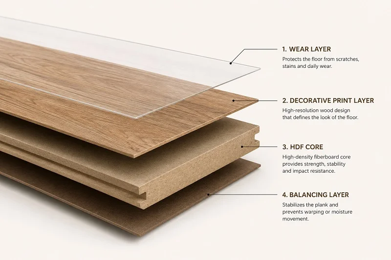 Laminate flooring layer structure showing HDF core and wear layer