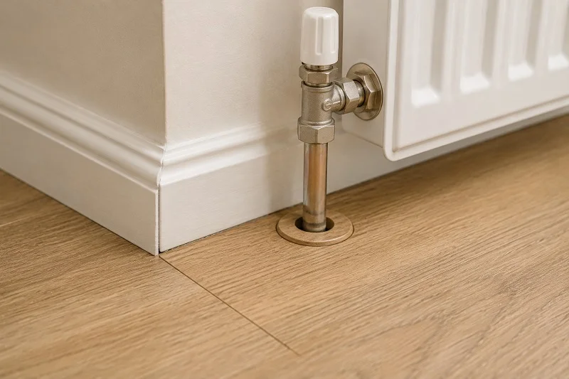 Laminate flooring neatly fitted around radiator pipe