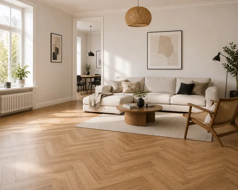 Luxury herringbone laminate flooring installed in modern living room