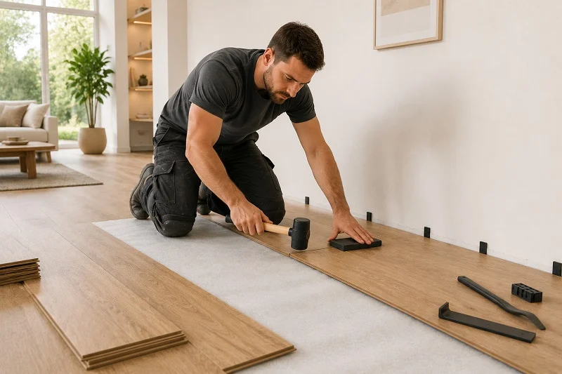 Man installing click lock laminate flooring step by step