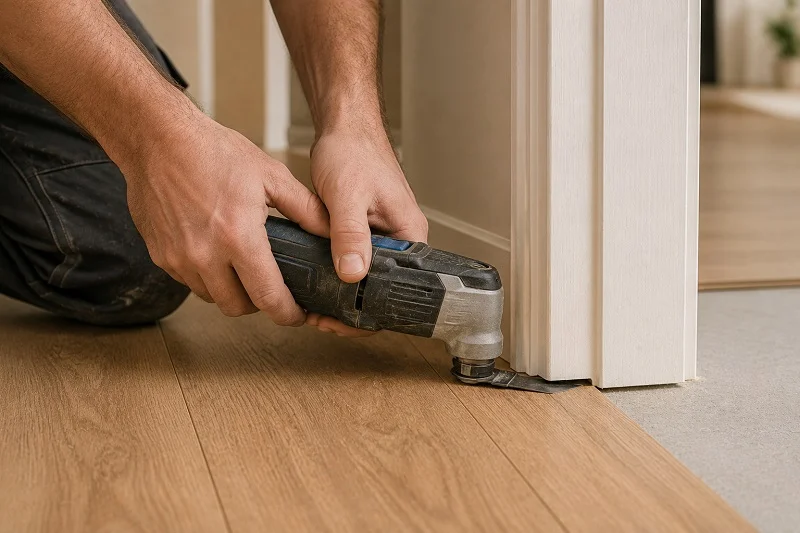 Undercutting a door frame for laminate flooring installation